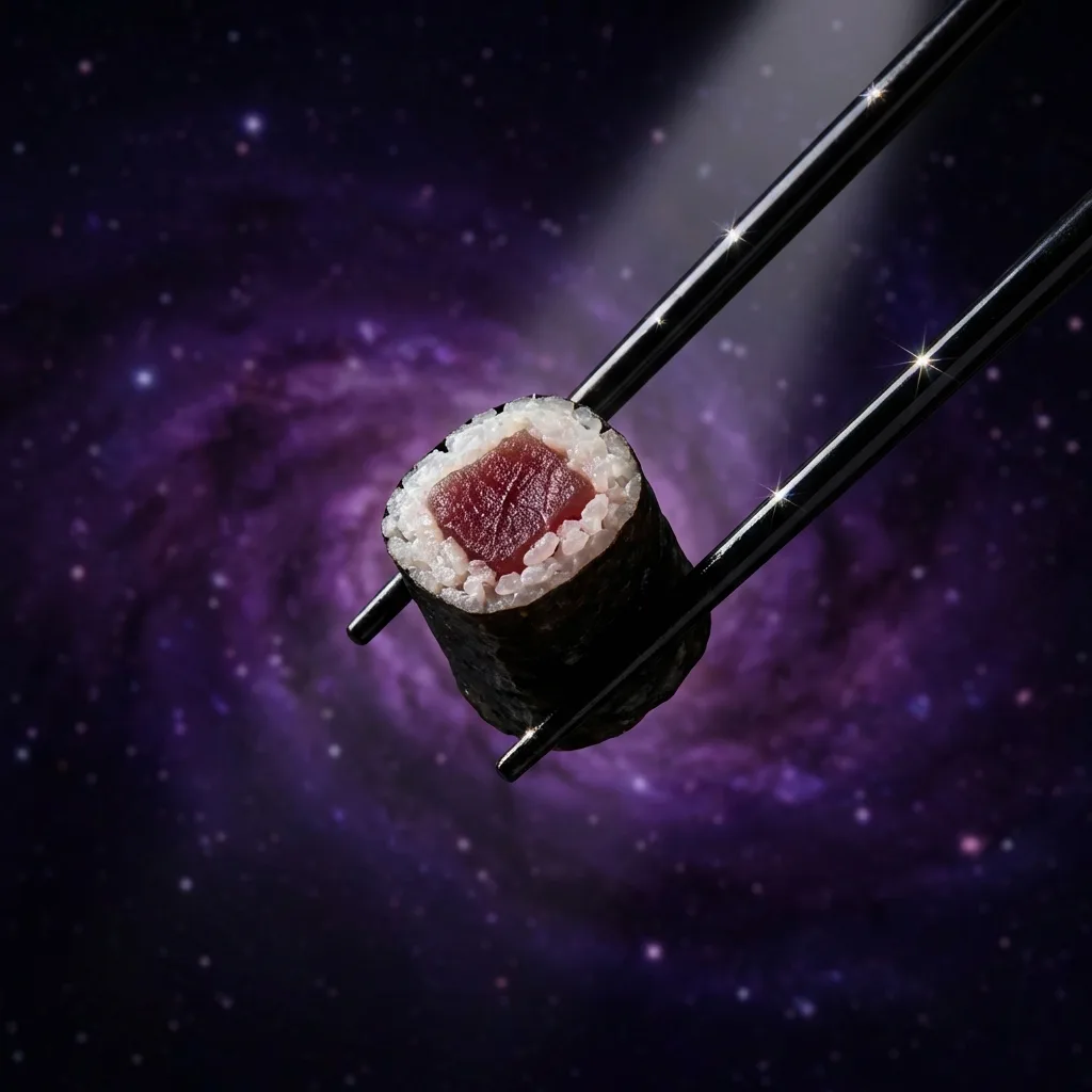 箸で細巻きを持ち上げる宇宙背景ショット