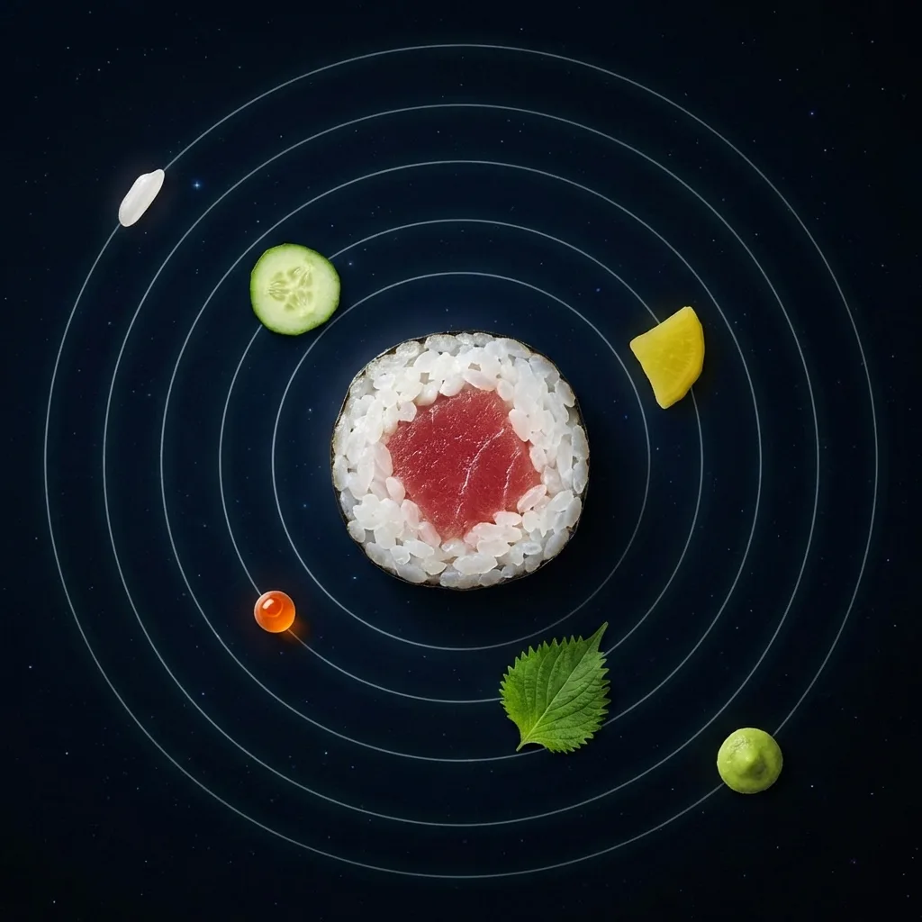 具材が細巻きの周りを惑星のように回るショット