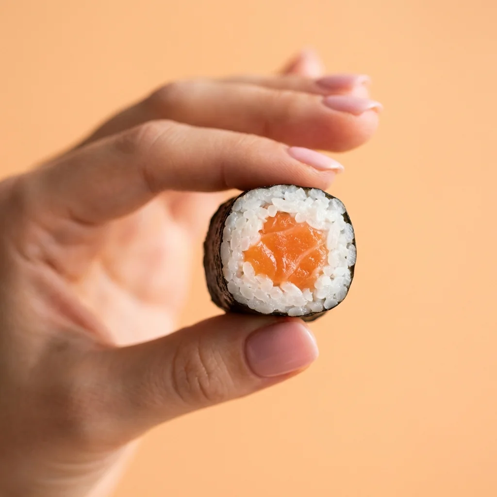 サーモンを、手で