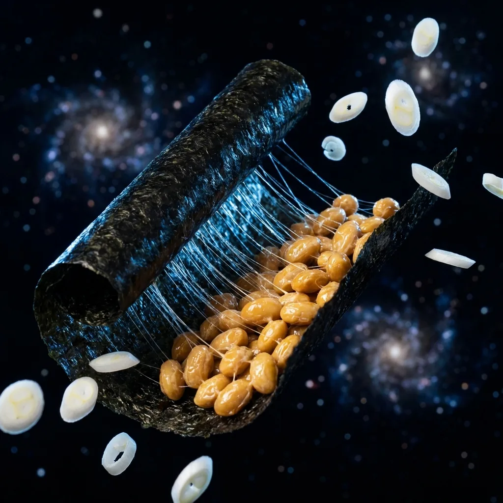 納豆の糸が光ファイバーのように伸びるショット