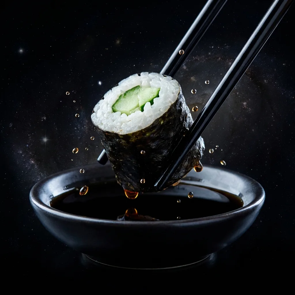 細巻きが醤油に触れる瞬間のスローモーションショット