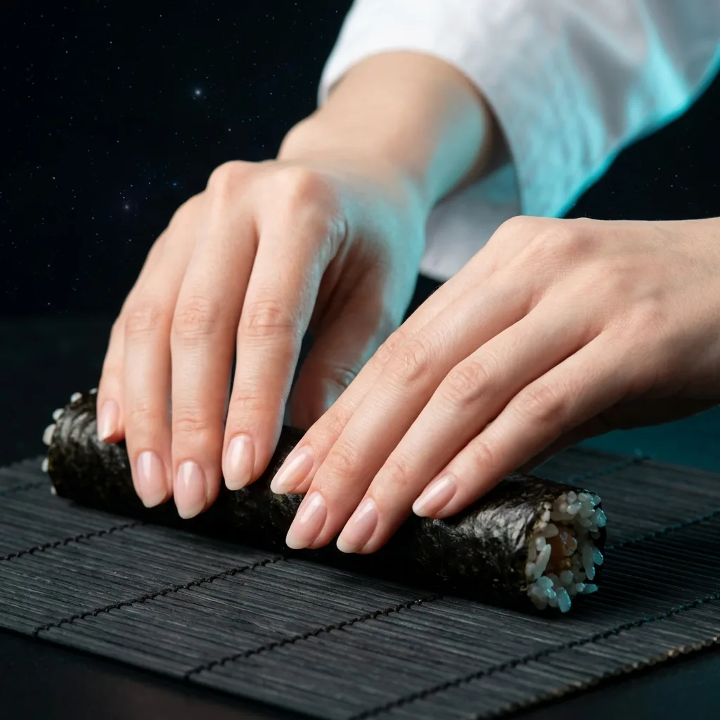 職人の手が細巻きをプレスする瞬間