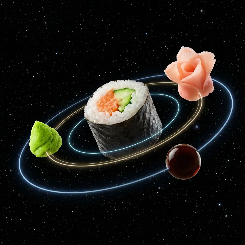 わさび・ガリ・醤油が細巻きの周りを衛星のように周回するショット