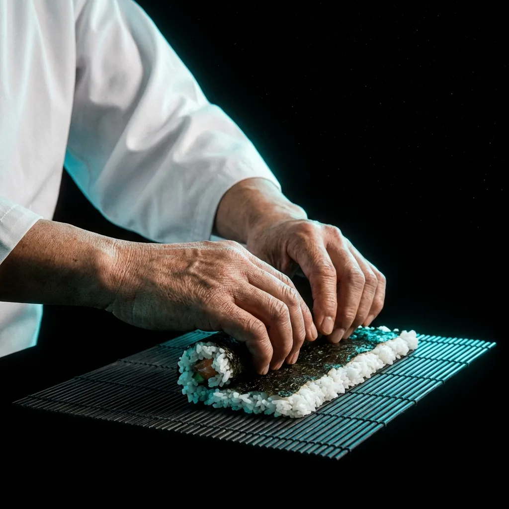 職人の手が細巻きを巻くシアンサイドライトショット