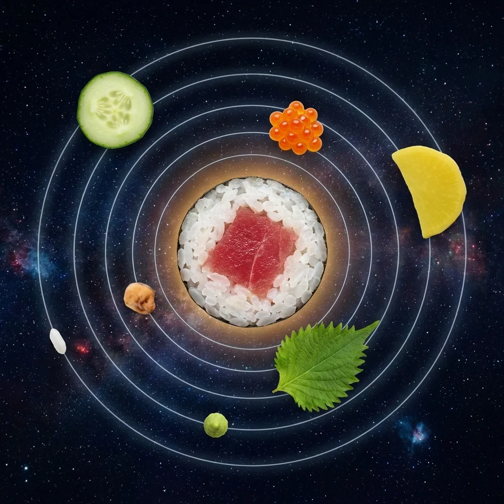 22種の具材が細巻きの周りを軌道に乗るショット