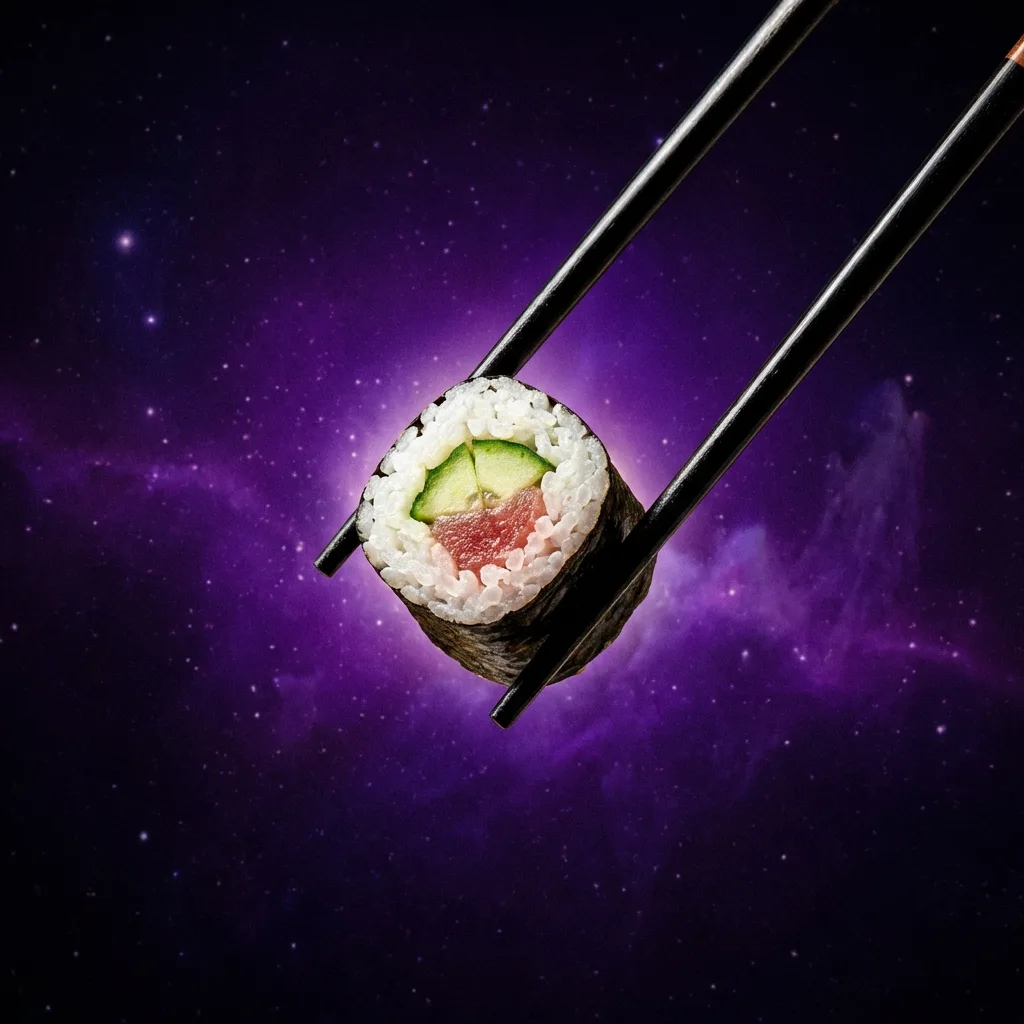 箸で細巻きを無重力に持ち上げるショット